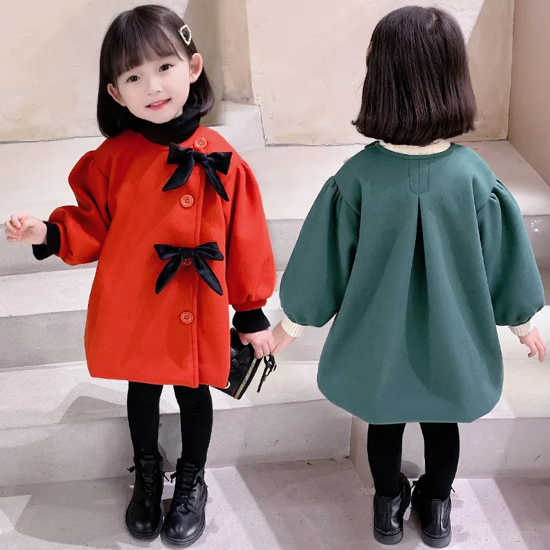 Mädchen Woolen Mantel Jacke Baumwolle Mantel 2021 Bogen Warme Verdicken Plus Samt Winter Herbst Teenager Schule kinder Kleidung