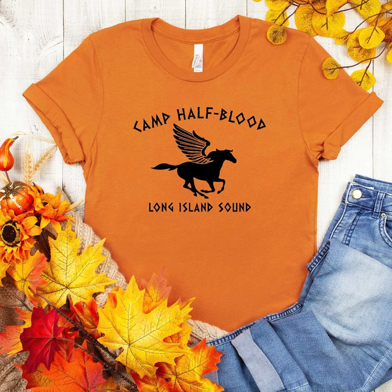 Camp Half Blood Long Island Sound Funny Horse Women T Shirts Orange Color Unisex Halloween Graphic Tshirt College Couple T-shirt