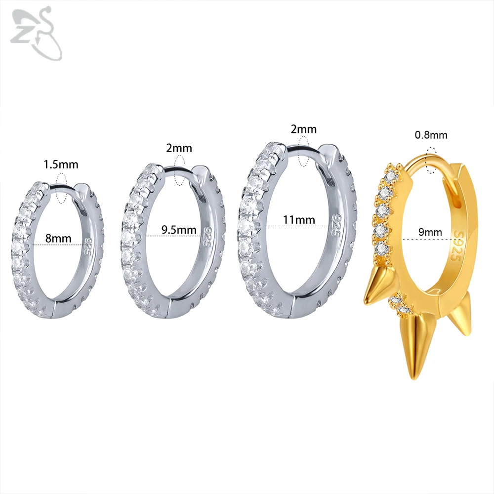 ZS 1 Pair 100% 925 Sterling Silver Hoop Earring For Women Zircon Round Earring Gold Color Spike Ear Piercing Fashion Jewelry