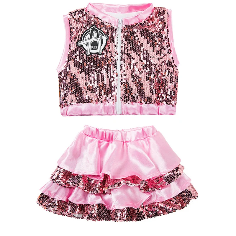 Modern Jazz Hip Hop Dance Costume Outfits Sequins Shiny Crop Top Skirts green pink sparkly set