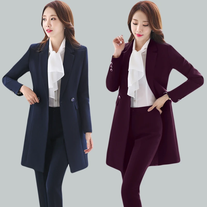 High Quality Fabric 2018 Fall Winter Women Blazers Suits Uniform Designs Business Ladies Office Suits With Long Windbreaker