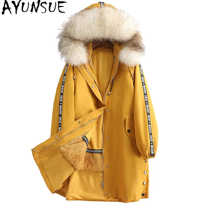 Ayunsue inverno real pele de coelho forro parka feminino outono 2021 com capuz gola de pele de guaxinim jaqueta feminina casual manteau femme gxy479