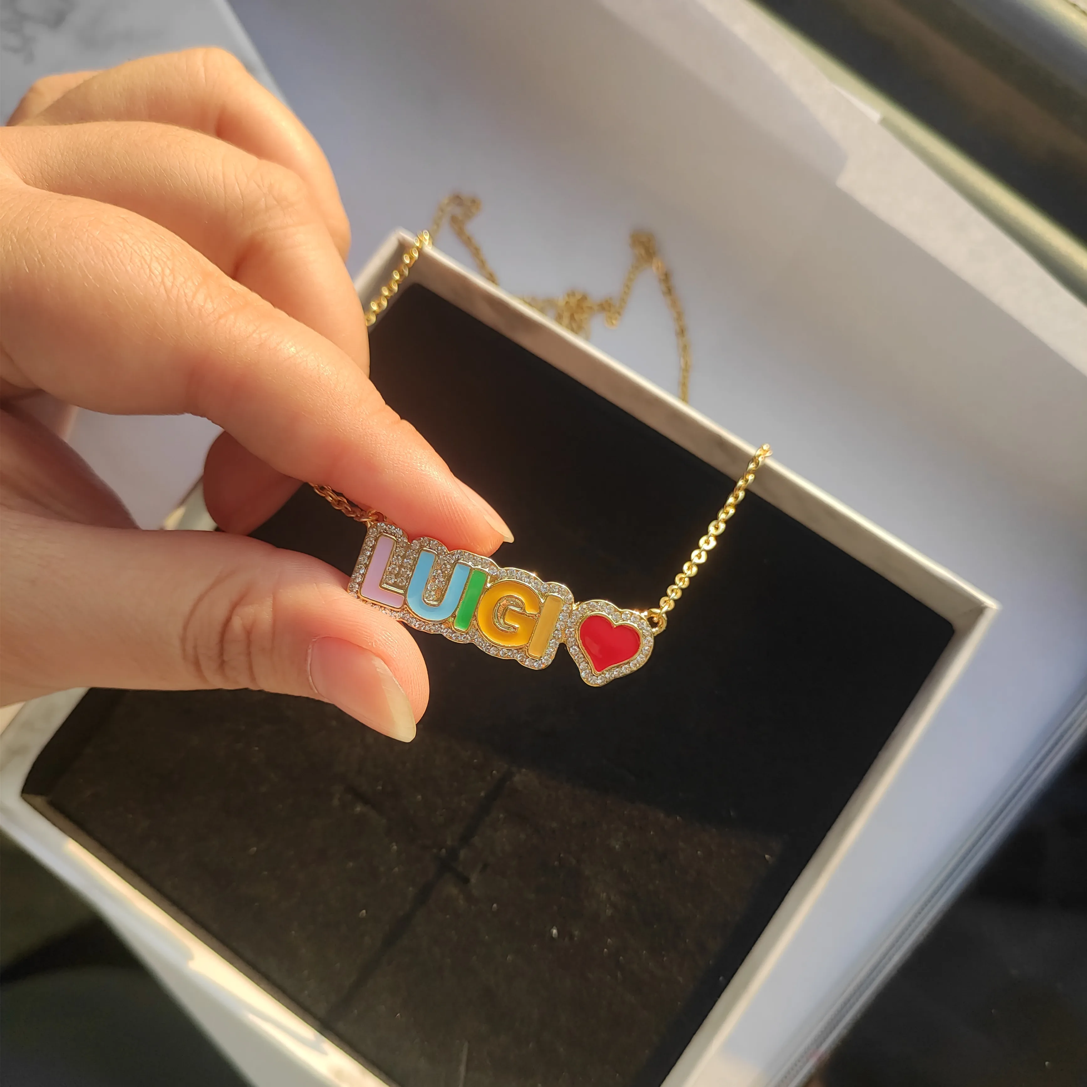 DUOYING Rainbow Pave Outline Enamel Necklace Personlized Custom Enamel Name Necklace Colorful Enamel Nameplate Pendant Jewelry