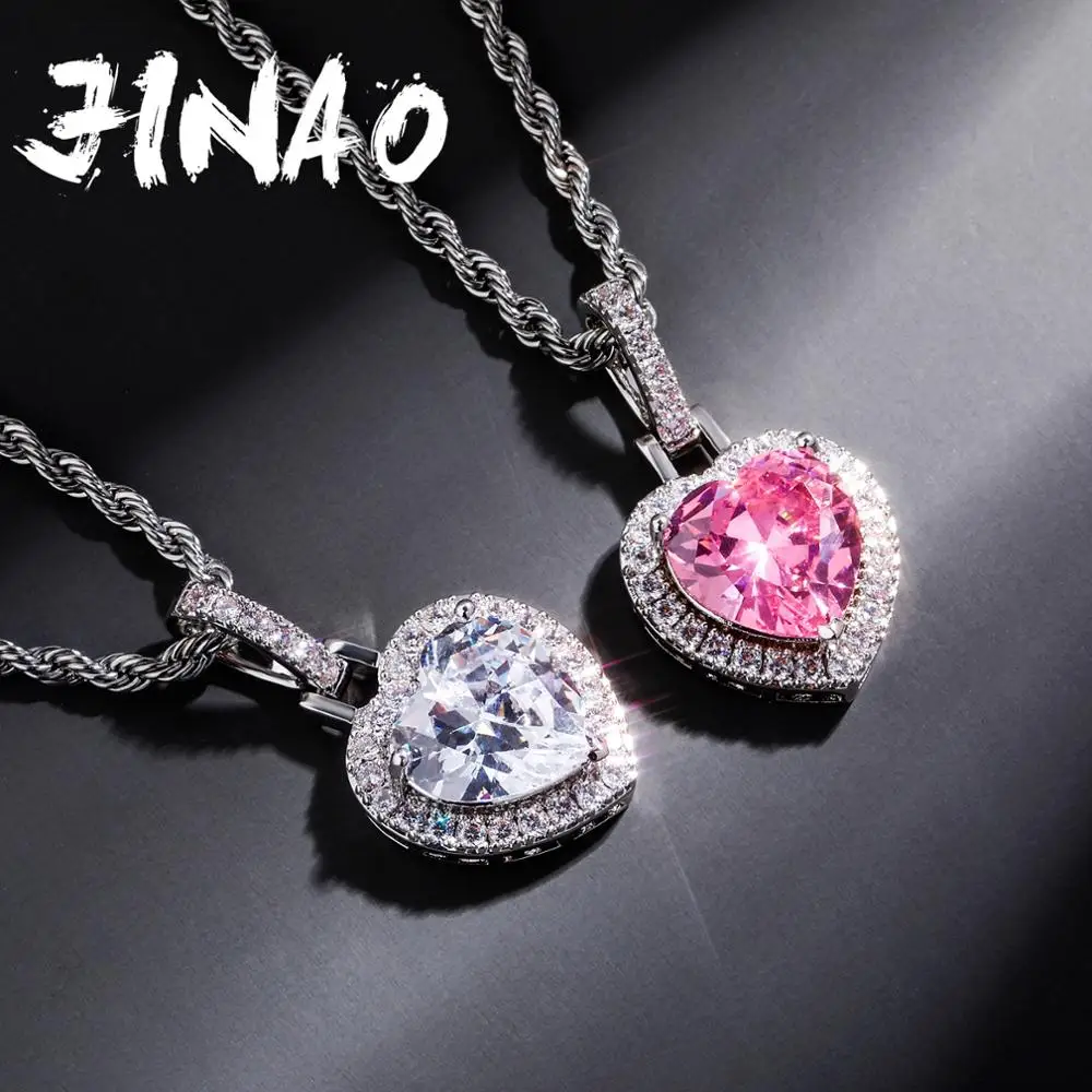 JINAO Heart Pendant Necklace High Quality Bling Iced Out Cubic Zirconia Stones Hip Hop Fashion Jewelry Gift For Women