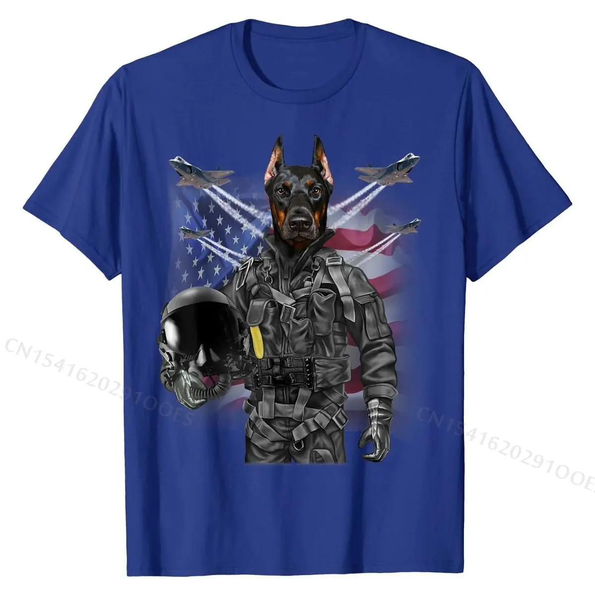 T-Shirt, Doberman Dog as Fighter Jet Pilot, USA America Company Man Tshirts Funny Tops T Shirt Cotton Summer