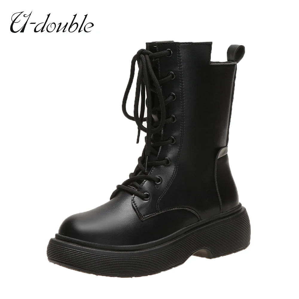 

U-DOUBL Punk Gothic Ankle Boots Women 2022 New Lace Up Autumn Short Boots For Women Designer Ladies PU Leather Platform Shoes