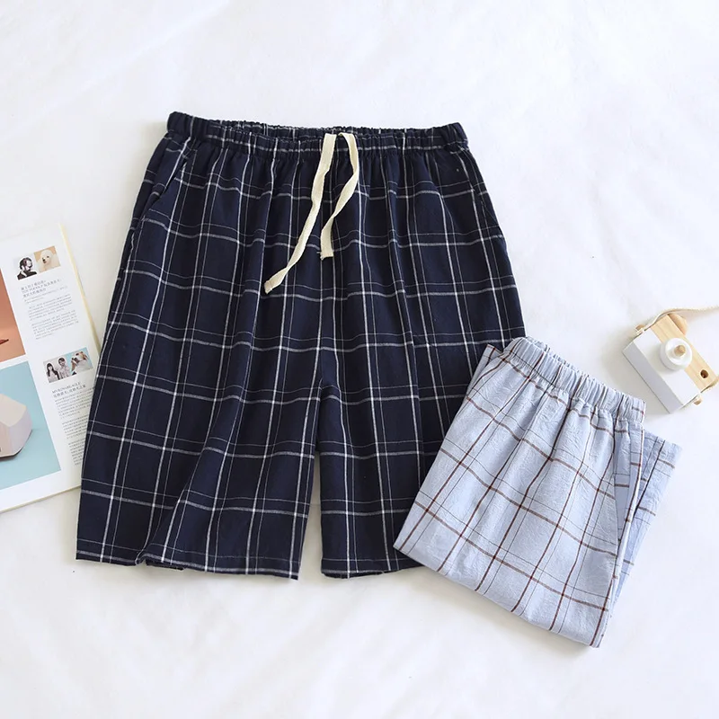 Japanese summer washed cotton single line large grid men's shorts cotton simple spot home five-point pants thin pajamas