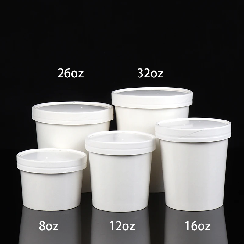 

50pcs White thick kraft paper soup bucket disposable soup cup lunch box takeaway food bowl salad packaging round cup with lid