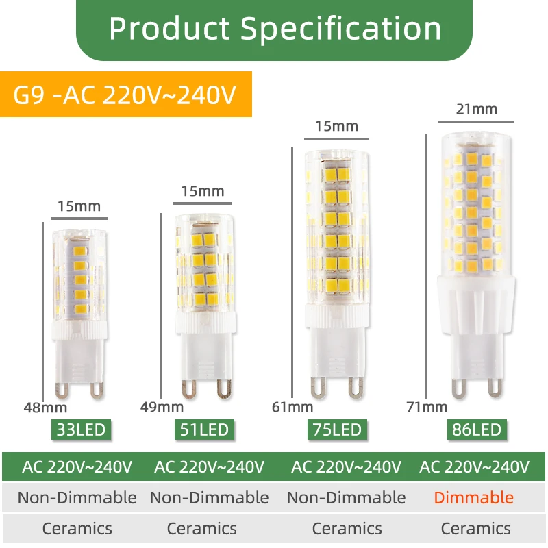 Kaguyahime-bombilla LED de cerámica regulable sin parpadeo, G4, G9, E14, 220V, CA, CC, 12V, G9, 3W, 5W, 6W, 7W, 9W, 10W, 12W, 1505, 2508