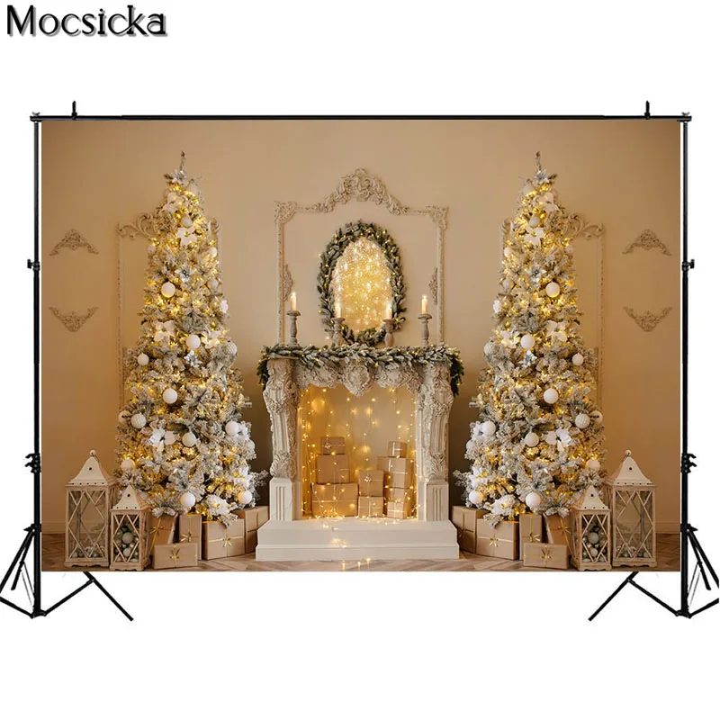 Magnificent คริสต์มาสเตาผิงการถ่ายภาพฉากหลังทองคริสต์มาสต้นไม้ของขวัญครอบครัวภาพพื้นหลังฤดูหน...