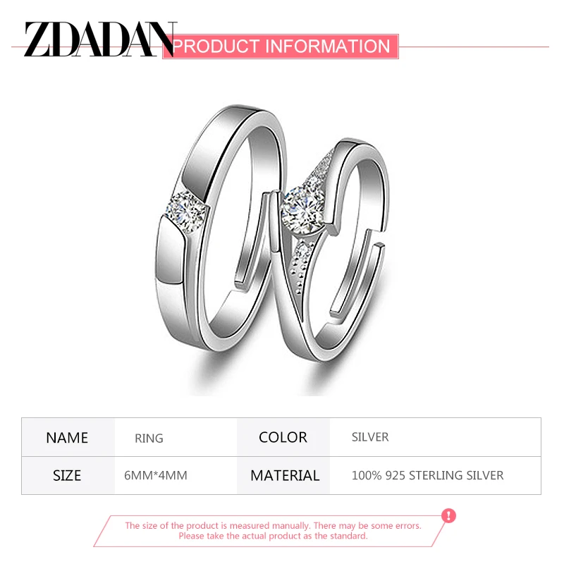 ZDADAN 925 Sterling Silver Opening CZ Adjustable Ring Women Fashion Wedding Engagement Couple Rings