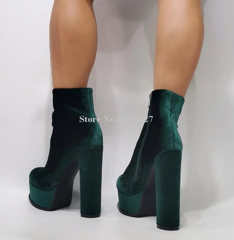 Green Velvet Platform Chunky Heel Lady Ankle Boots Fashion Women New Round Toe Real Photos Short Boots Large Size Dress Boots