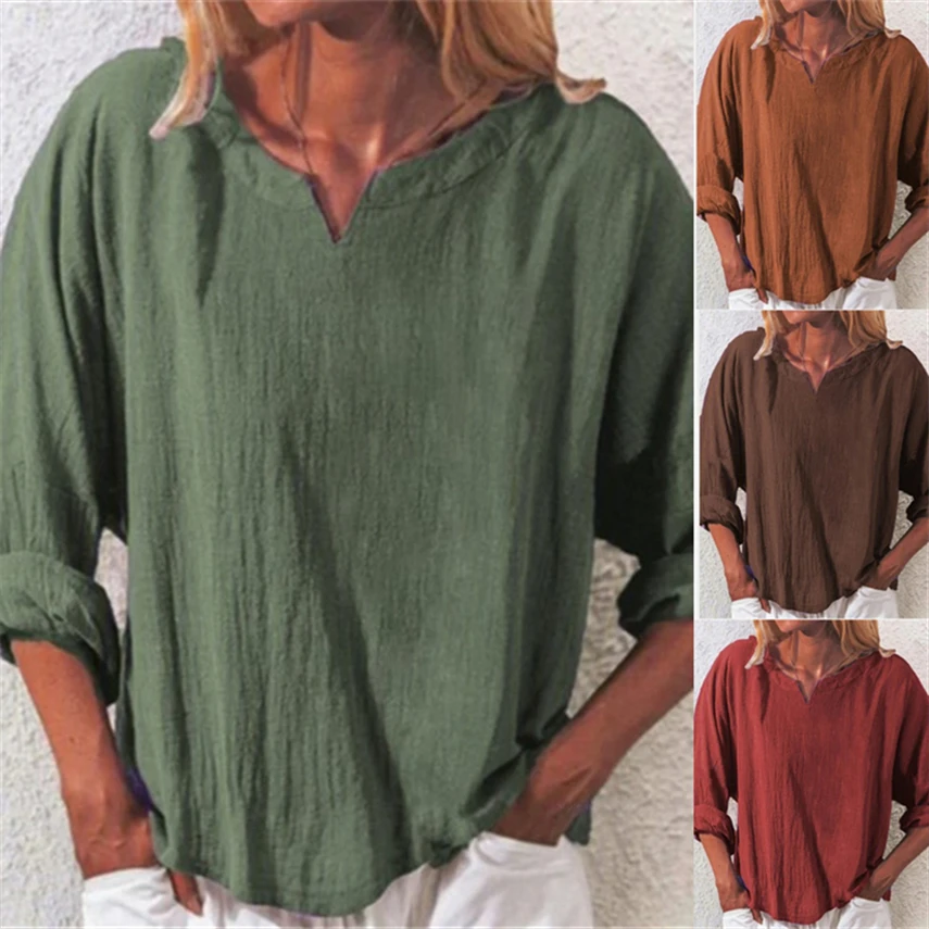 

Traditional Chinese Clothing Women Female Linen Retro Vintage Long Sleeve V Neck Solid Color Loose Casual Fashion Top Blouse