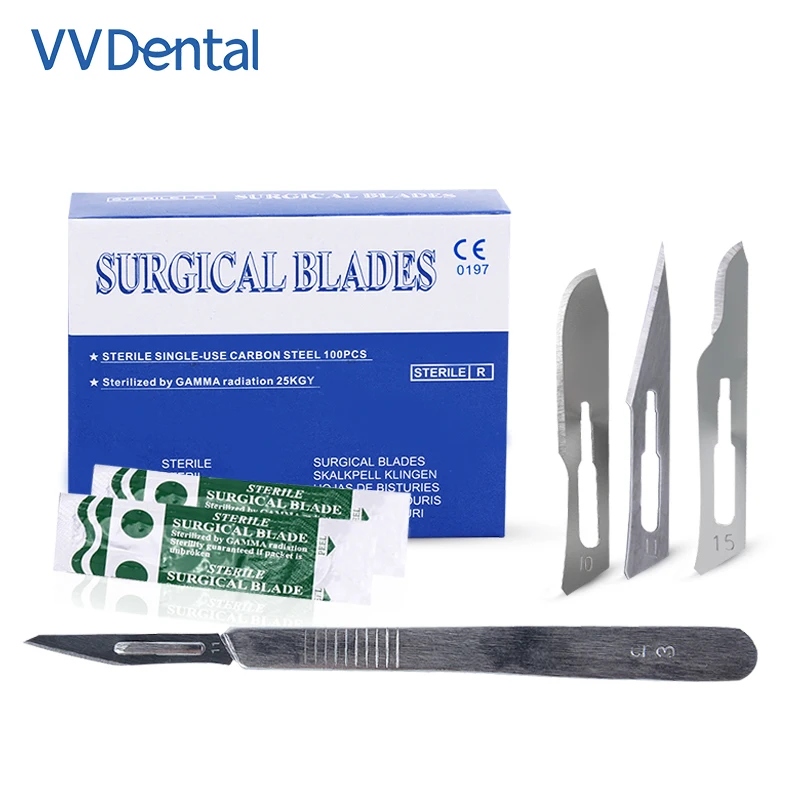 VVDental 100pcs/Box Dental Surgical Scalpel Sterilized Blades Carbon Steel #10 #11 #15 with 1PC #3 Scalpel Handle Dental Tools