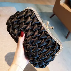 YoReAi Women Lady Satin Crystal Bridal Handbag Clutch Party Wedding Purse Evening Bag Pleated Day Clutches Solid Ladies Handbags