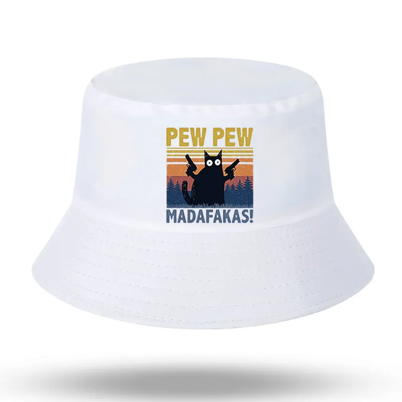 Pew Pew Madafakas Black Cat Print Men Women Bucket Hat Outdoor Sunscreen Beach Cap Fisherman Hat Sun Hiking Fishing Cap