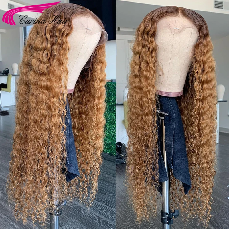 Curly Honey Blonde สีลูกไม้ด้านหน้าวิกผม13X4วิกผมก่อน Plucked Ombre สีบลอนด์ Remy ลูกไม้ Glueless Wigs สำหรับผู้หญิงสีดำ