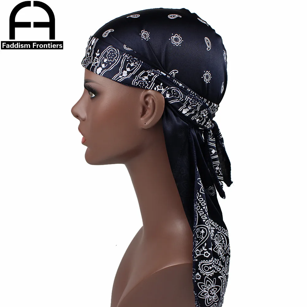Premium Herren Seide Durag Paisley Design Druck Seidige Durags Lange Träger Kopfbedeckung Kopftuch Wellenkappe Headwrap Durags – Detail 3