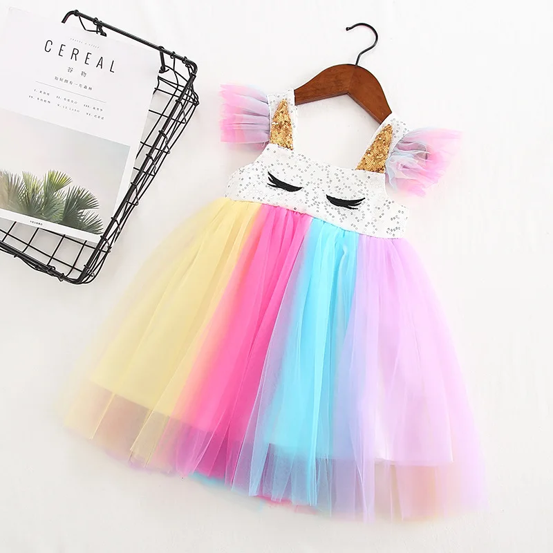 Summer Baby Kids Girls Rainbow Unicorn Dress Birthday Tulle Fashion Princess Dress Fleap Sleeves Tulle Princess Wear Summer