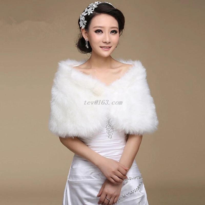 Womens White Faux Fur Bridal Wrap Stole Shawl Cape Wedding Artificial Pearl Ball Embellishment Winter Coat Shrug