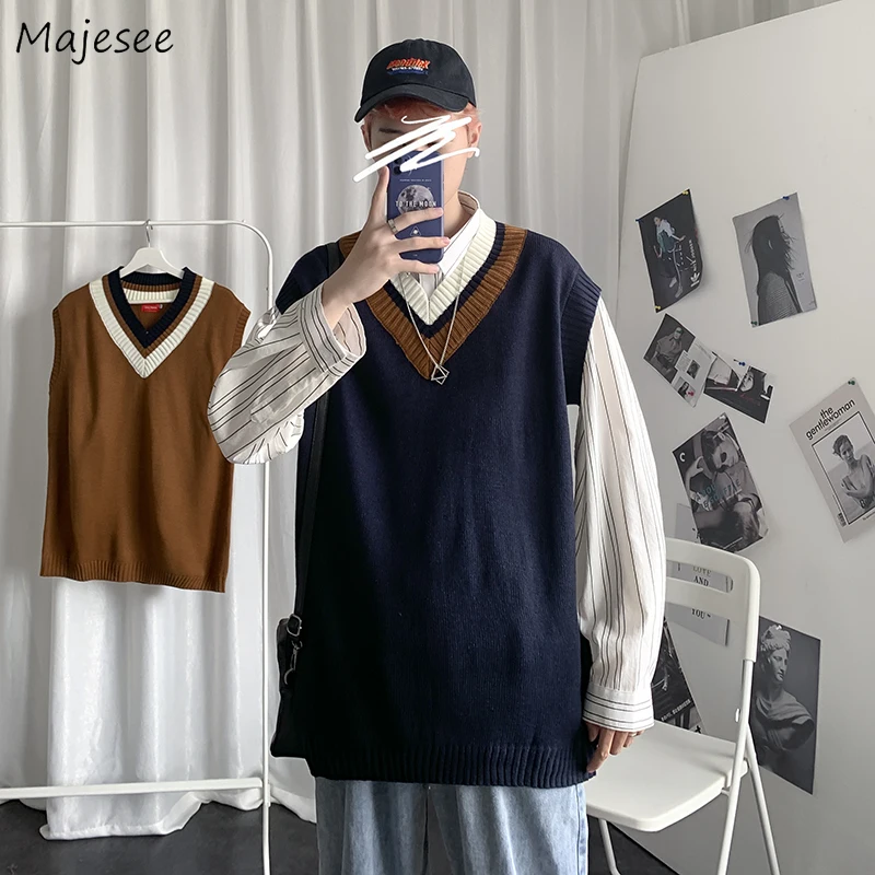 

Men Sweater Vest V-neck Knitted Male Oversize 3XL Loose Casual Preppy Korean Fashion Style Ulzzang All-match Students Daily Date