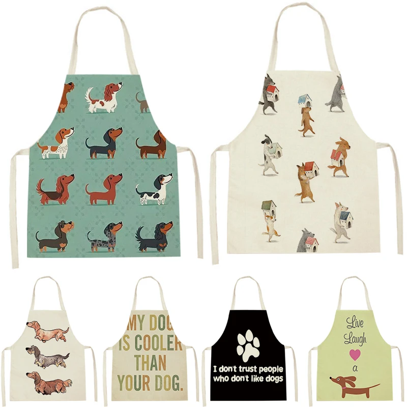 Cartoon Dog Paw  Patrolling Cotton Dachshund  Dog Painted Bulldog Dachshund Kitchen Apron Housewife  Aprons Cooking Household