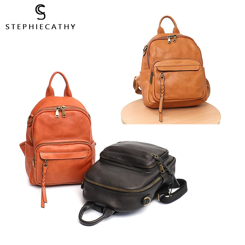 SC Vintage Italian Cow Leather Backpack Women Casual Retro Shoulder School Day Pack Bags Functional Zip Pocket Travel Knapsack