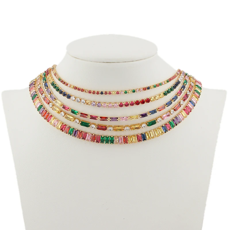 Hot Selling Tennis Chain Rainbow Necklaces Gold Color Fashion Colorful CZ Chocker Necklace For Women Femme Jewelry New