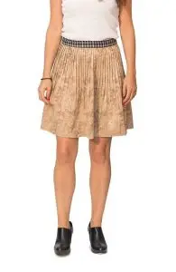 Women's skirt made of suede fabric. Camel pleated skirt, with Button and zipper, youth style