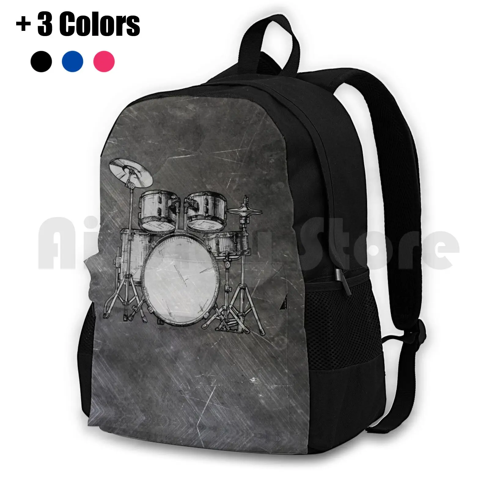 Just Drum-Grey On Scratched Background-Digital Paint By Iona Art Digital Outdoor Hiking Backpack Waterproof Camping Travel Drum