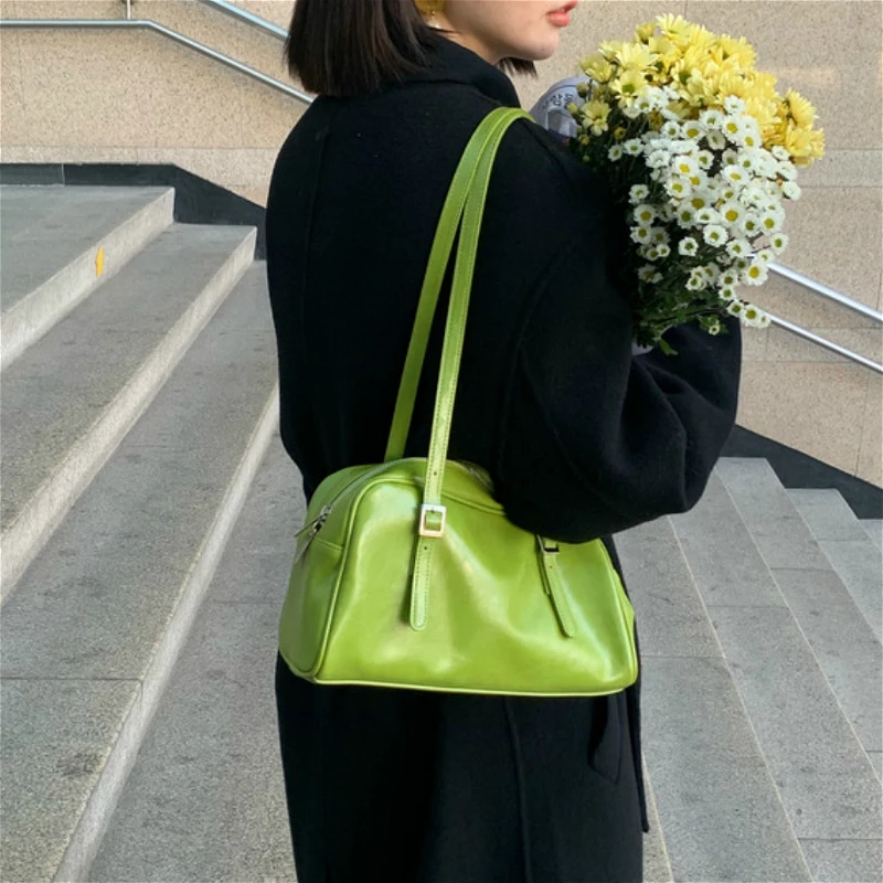 Fashion Green PU Leather Women Shoulder Bags Simple Design Solid Color Ladies Tote Handbags Vintage Black Female Underarm Bag