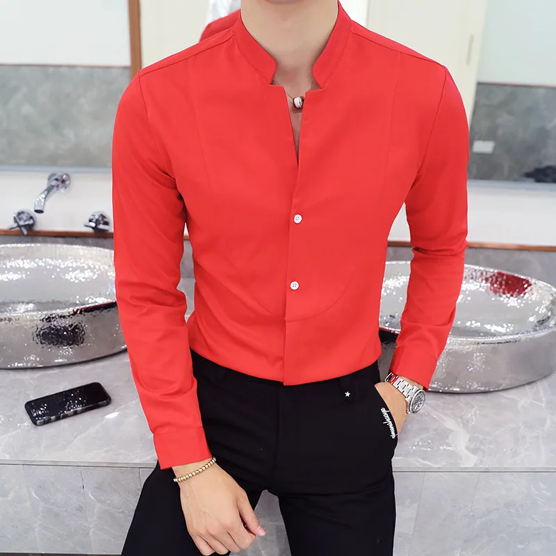 2021 Nightclub Men\'s Work Shirt Solid Color  , Fashion V-neck White Mens Shirts , High-quality Hotel Waiter Slim Shirt Men