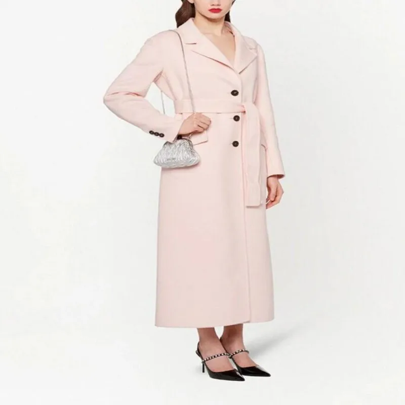 

Simple Single Breasted Pink Imitation Cashmere Overcoat Women Autumn Winter Temperment X-Long Woolen Coat With Belt s1652