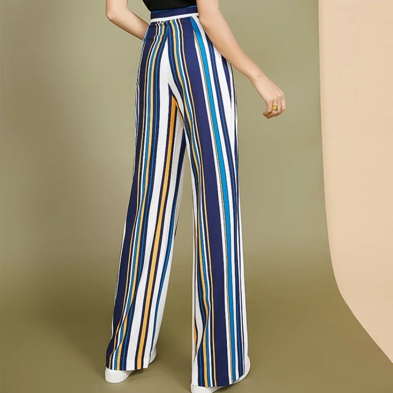 Thin Summer Section Women Multicolor Striped Suit Pants Fashion Office Ladies Loose Wide Leg Pants Loose Casual Long Trousers