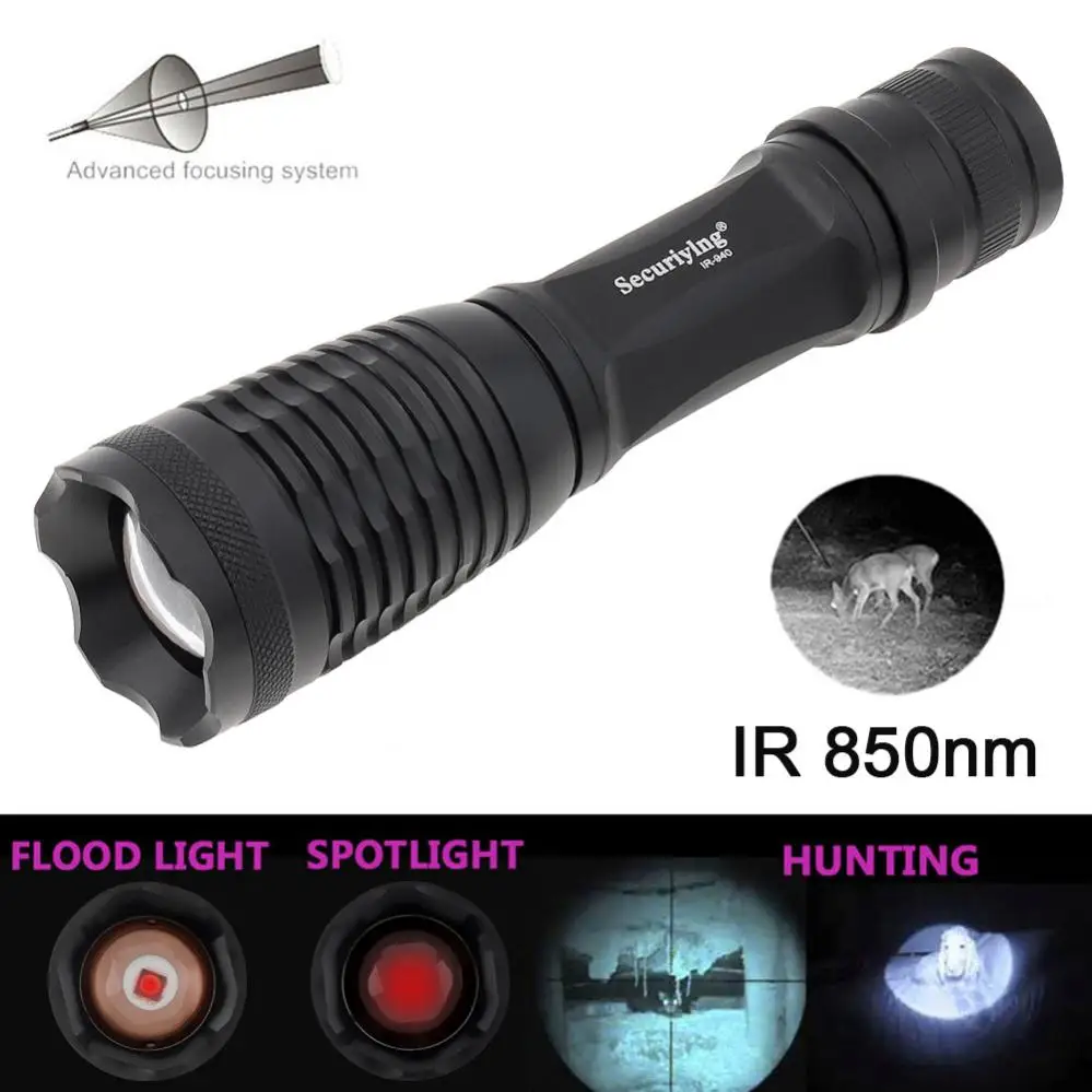 SecurityIng E6 IR Hunting Flashlight Zoomable Focus 850nm LED Infrared Radiation IR Night Vision Torch Use 18650 / AAA Battery