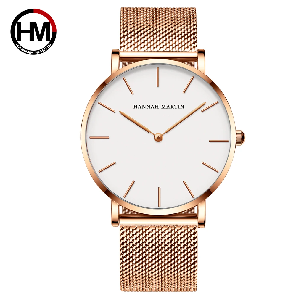 Hannah Martin High Quality Men Watch Japan Quartz Movement Simple Waterproof 6.9MM Ultra-thin Stainless Steel Mesh Men Watch