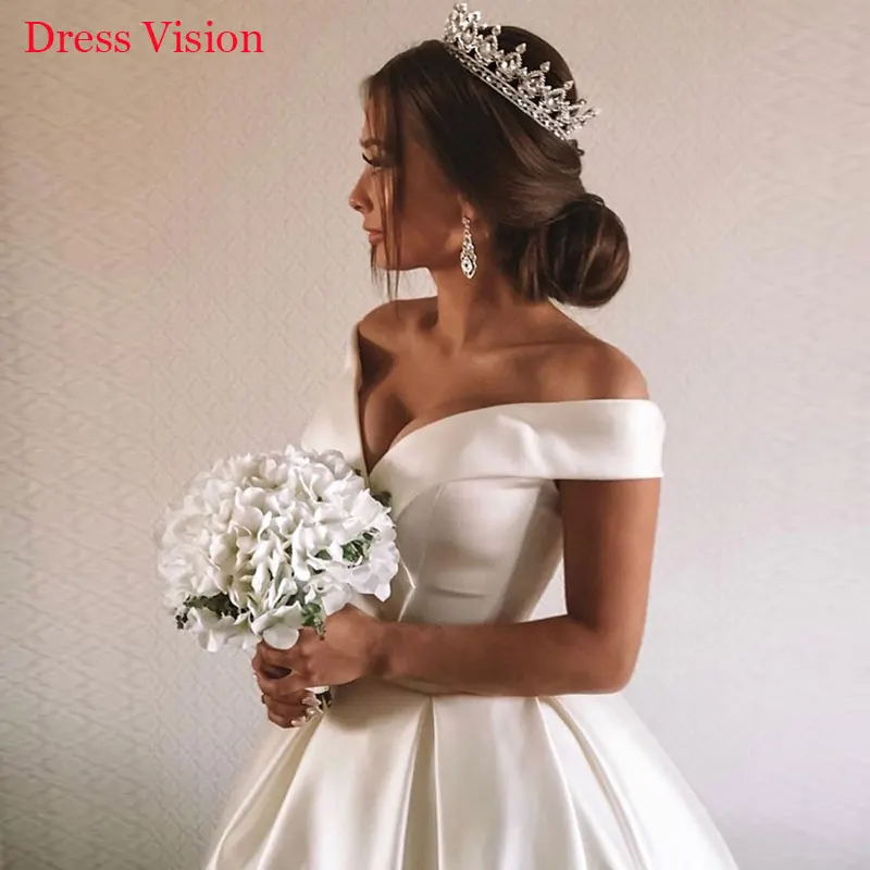 Vestido платья New Style Simple Satin Wedding Dresses Sexy V-neck Off The Shoulder A-line Floor Length Vestido De Fiesta De Boda