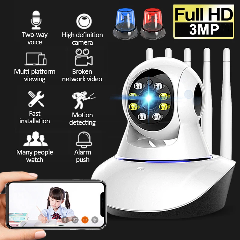 Colorido Night Vision Wifi Camera Indoor 3MP Pan Tilt Câmera IP Sem Fio Home Security Baby Camera 5 Antenas Sinal Forte