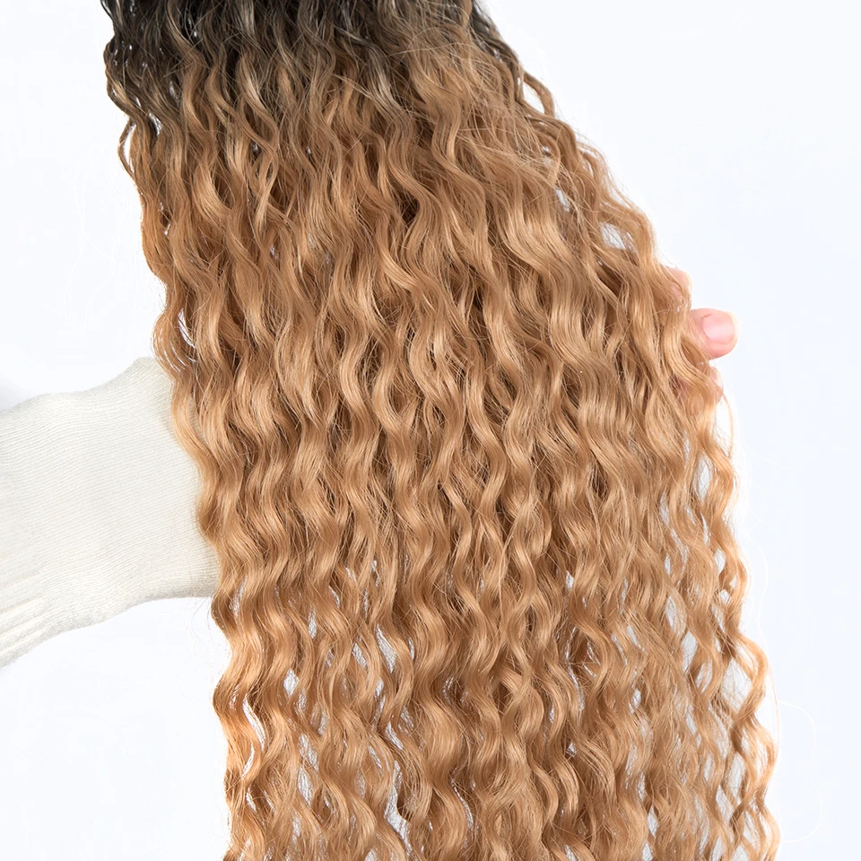 FASHION IDOL Kinky Curly Ponytail Hair Bundles 34 Inch 100g Soft Long Synthetic Hair Weave Ombre Brown Blonde Hair Extensions