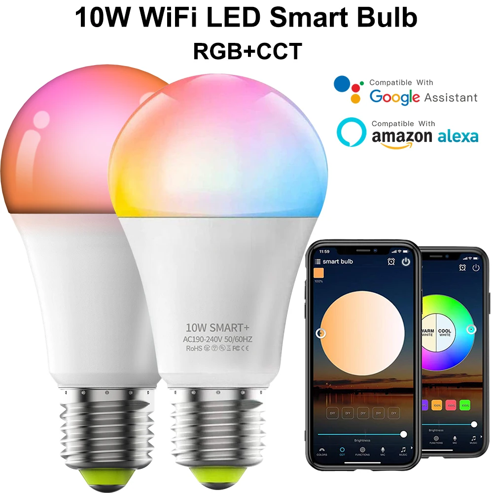 WiFi Bulb Alexa Amazon Smart Light Bulb 10W LED Neon Changing Lamp RGBCW LED E27 Bulb 220V Dimmable Lampada Google Home Lighting