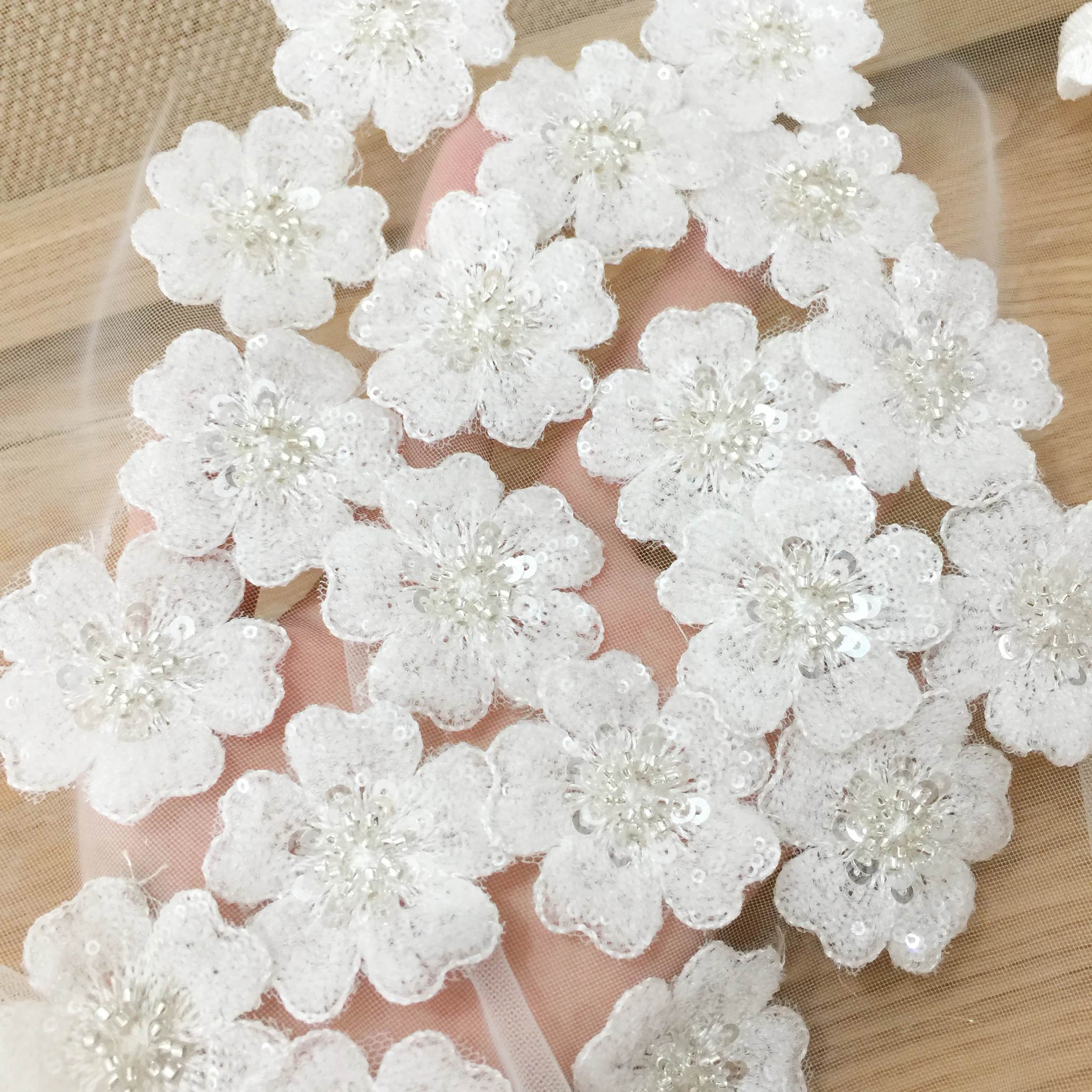 50 Pieces Off White 3D Sequin Beaded Lace Applique Flower Patch Motif Veil Bodice DIY Craft Supply 5cm Diameter