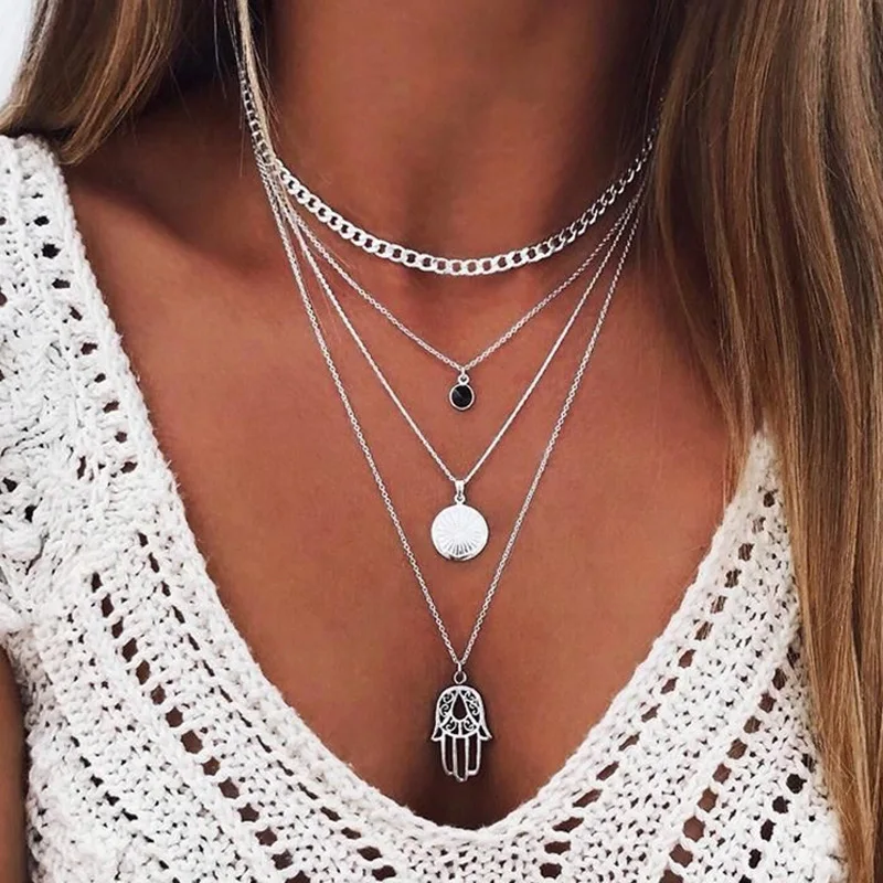 Tenande Vintage Mehrschichtige Party-Schmuckketten mit Blättern, Sternen, Hamsa-Hand und Mond für Damen - Trendige Bijouterie – Detail 21