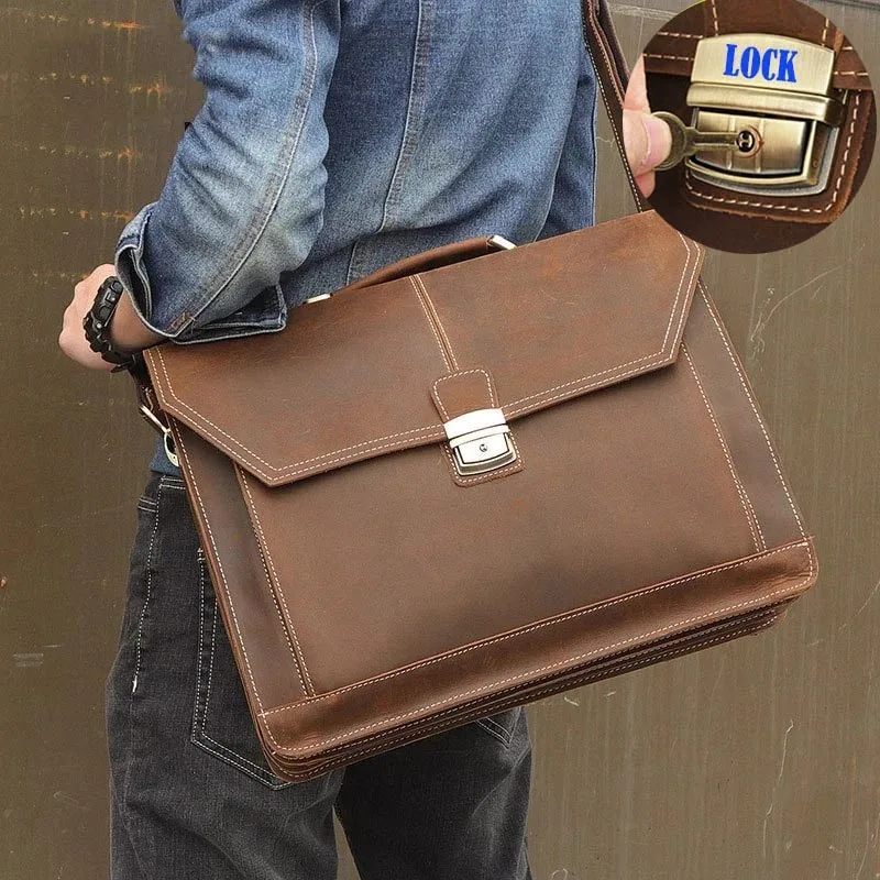 Luufan męska walizka biznesowa z zamkiem prawdziwej skóry mężczyzna 15.6 "torba na laptopa skóra bydlęca mężczyzna lekarz prawnik komputer torba Tote