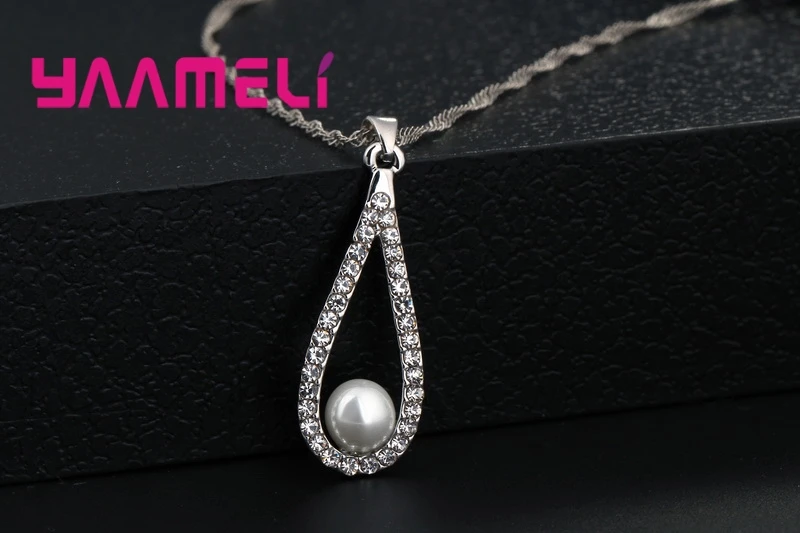 Pure 925 Sterling Silver Color CZ Crystal Water Drop Pearl Necklaces Pendant Chain Earrings Woman Fine Wedding Jewelry Set Gift