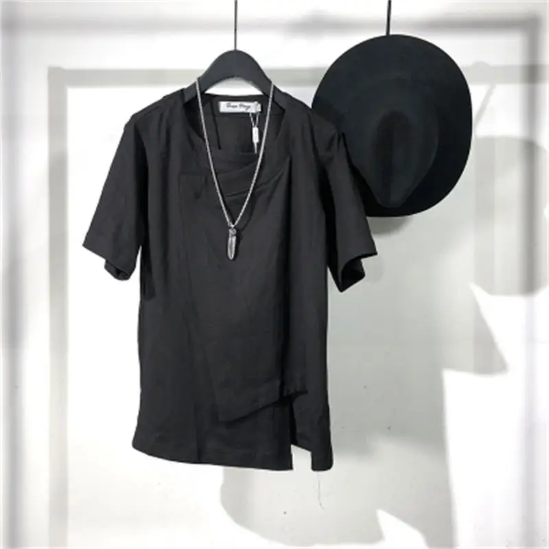 Men's Short Sleeve T-Shirt Summer New Personalized Hem Asymmetrical Design Korean Japanese Casual Large Half Sleeve