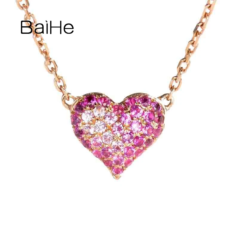 

BAIHE Solid 18K Rose Gold 0.18ct Pink Sapphire Heart Necklace Women Simple Casual Daily Clavicular chain Trendy Fine Jewelry