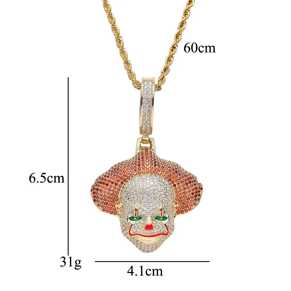 18K Gold Plated Bling CZ Simulated Diamond Iced Clown Pendant Necklace Hip Hop Chain Jewelry for Men Charm Gifts