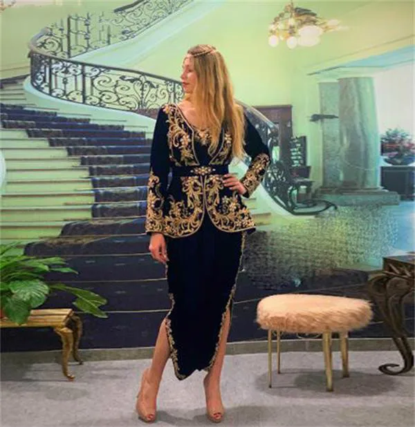 Karakou abiti da ballo in alluminio elegante pizzo marocchino caftano Applique oro Top abito da sera corto Turish manica lunga 2021