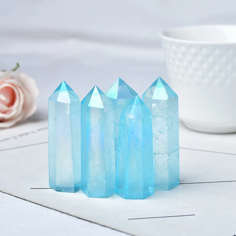 Natural Blue Aura Clear Quartz Crystal Point Electroplating Wand Healing Stone Energy Quartz Home Decoration Reiki Tower Gifts