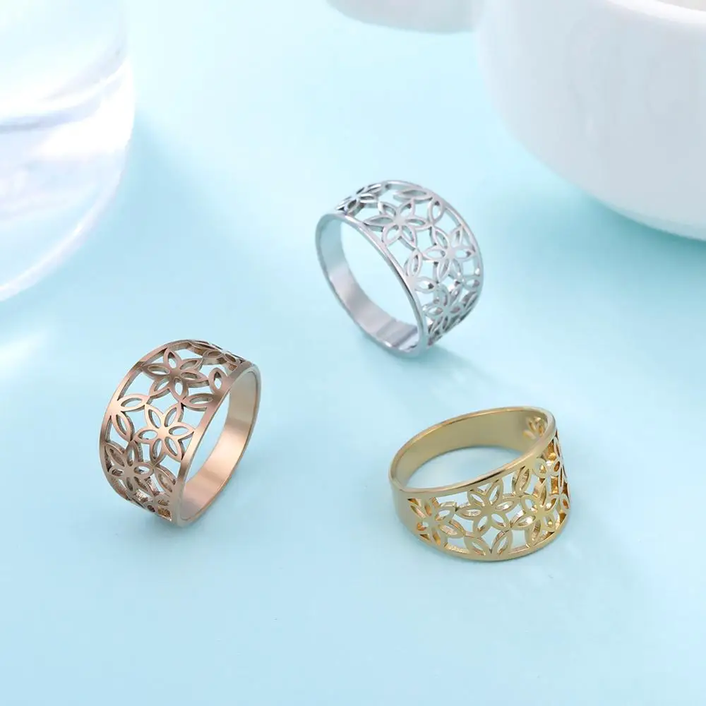 Skyrim Bohemian Flower of Life Ring Women Girls Stainless Steel Elegant Casual Rose Gold Color Rings Jewelry Anniversary Gift